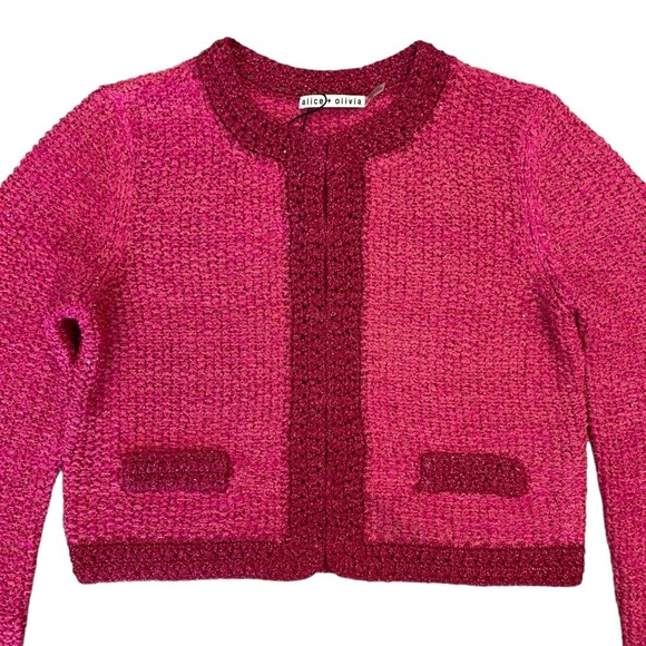 NWT Alice and Olivia Noella Sequin Embellished Bouclé Cardigan in Pink Size S - Picture 3 of 9